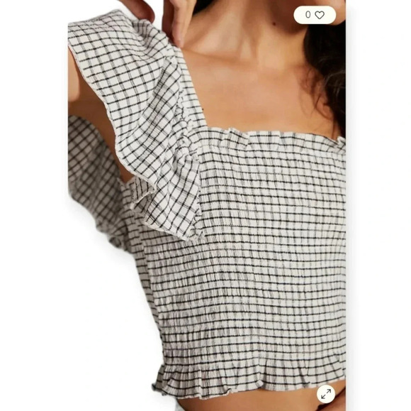 Anthropologie Maeve Gingham Plaid Smocked Ruffle Crop Blouse Flutter Sleeve XS - Picture 9 of 15